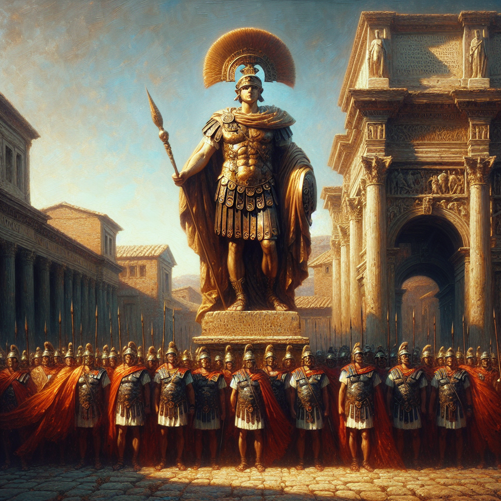 A majestic statue of a Roman emperor in detailed armor with a laurel crown stands prominently before ancient Roman columns and arches under a clear blue sky, with Roman legion soldiers in red cloaks and banners in formation nearby.