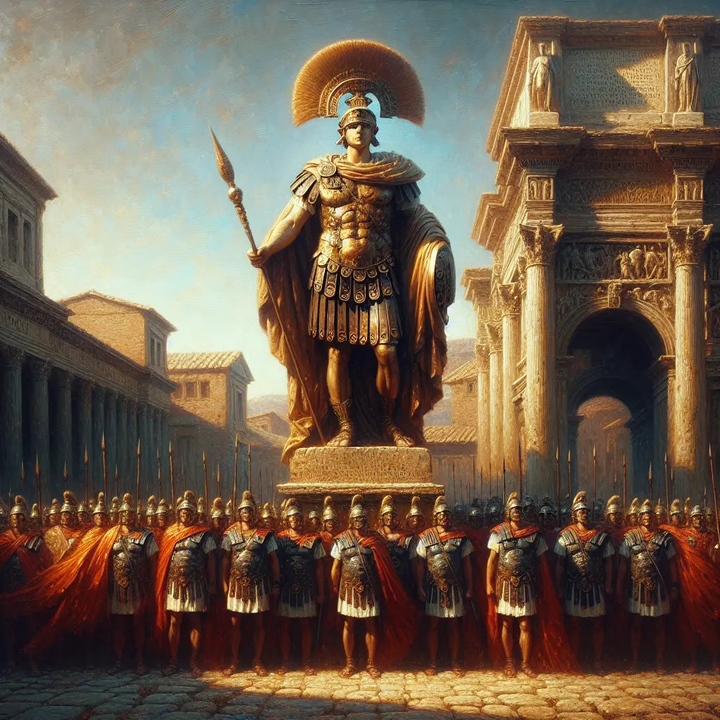 A majestic statue of a Roman emperor in detailed armor with a laurel crown stands prominently before ancient Roman columns and arches under a clear blue sky, with Roman legion soldiers in red cloaks and banners in formation nearby.