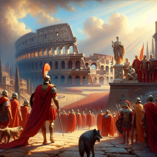 A detailed cinematic painting of Roman legions near the Colosseum with a sculptural she-wolf statue of Romulus and Remus, in the style of 1960s Roman historical epics.