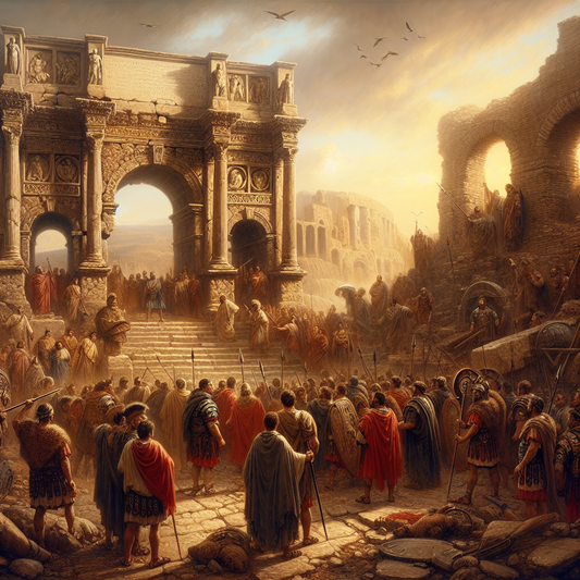 Roman soldiers in worn armor defend crumbling city gates against barbarian warriors under a dusty golden sky, evoking the decline of the Roman Empire in late antiquity.