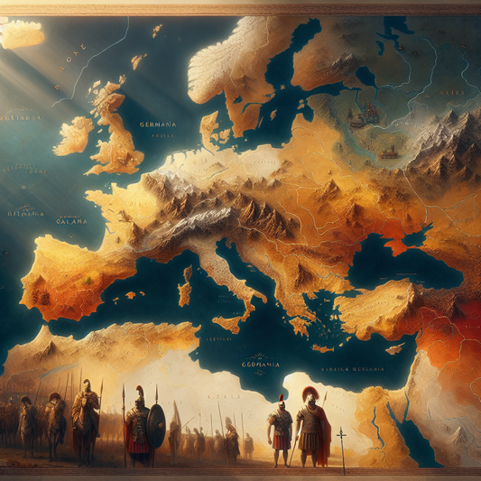 Detailed cinematic map of the Roman Empire during the Crisis of the Third Century showing the breakaway Gallic Empire with highlighted regions of Germania, Gaul, Britannia, and parts of Hispania, rendered in warm earth tones.