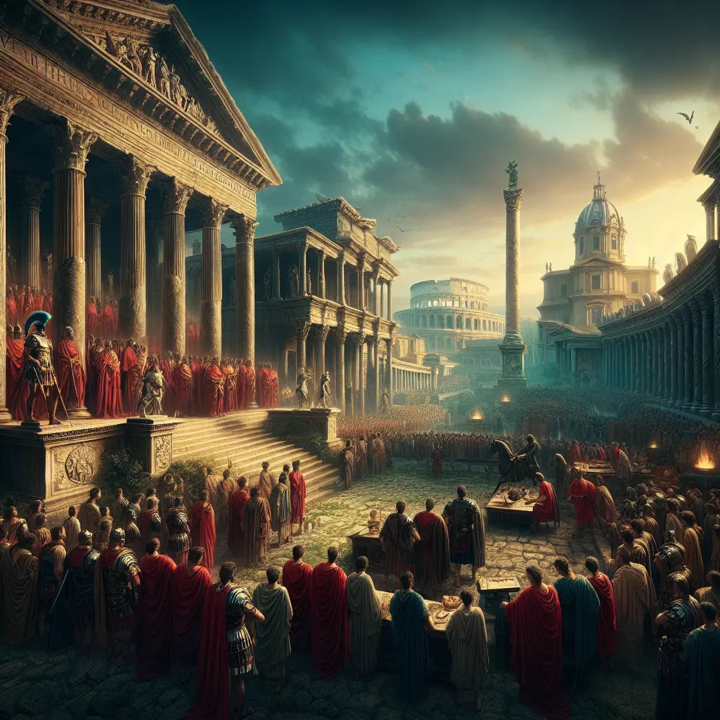 A panoramic scene of ancient Rome at its peak with grand marble architecture, Roman soldiers and citizens, and subtle symbolic overlays representing Stoic virtues, painted in the style of 1960s historical epics.