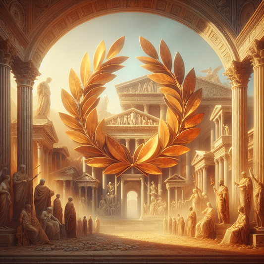 A majestic laurel wreath intertwined with classical Roman columns and arches, set in a panoramic scene with philosophers embodying Stoic leadership, painted in a 1960s historical epic style.