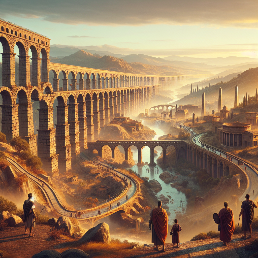 Panoramic painting of the Roman Empire at its height showcasing ancient roads, aqueducts, and landmarks under a golden sunrise in a 1960s epic film style.