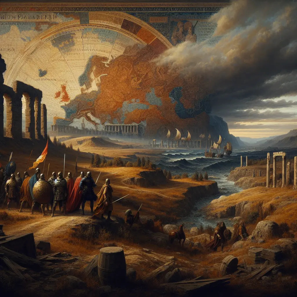 An ancient map showing the Roman Empire and migrating Visigoth warriors crossing from the Black Sea to Western Europe under stormy skies, painted in a dramatic 1960s historical epic style.