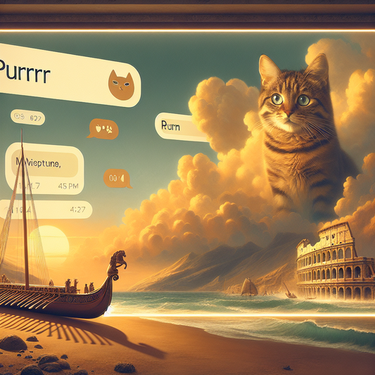 A cinematic digital chat screen with the word Purrr alongside a soft image of a content cat and a Roman naval trireme sailing at sunset, symbolizing warmth and heritage.