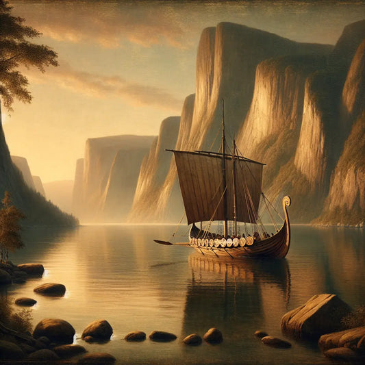 A serene Roman-style ship sailing quietly through a majestic fjord under a calm sky, bathed in warm sunlight with peaceful rocky cliffs in the background, rendered in a 1960s historical epic painting style.