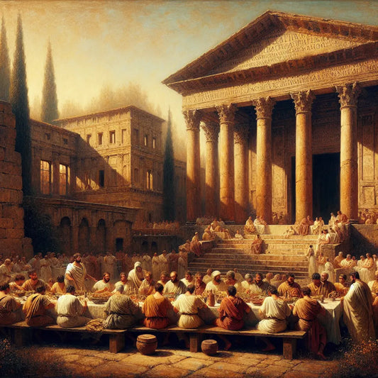 Ancient Roman families gathered around a wooden table near a villa, Latin script on a stone wall behind them, with an overlay map of Germania symbolizing historical European regions, depicted in a cinematic 1960s epic style.