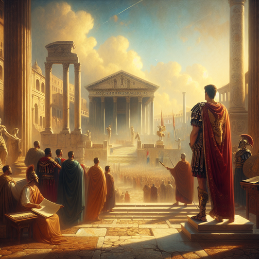 A cinematic painting of a Roman general and senators in the ancient Roman Forum surrounded by classical columns and temples under warm daylight, in the style of 1960s historical epics.