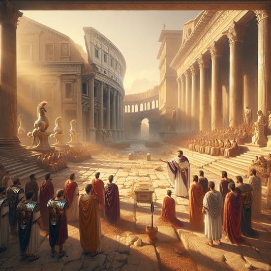Roman general addressing senators and legionaries in the Roman Forum with marble columns and arches under warm golden light, styled like a 1960s historical epic painting.
