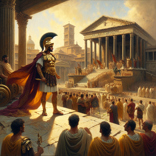 Roman general standing on the marble steps of the Curia in the Roman Forum, surrounded by senators and legionaries under warm daylight, painted in the style of 1960s historical epics.