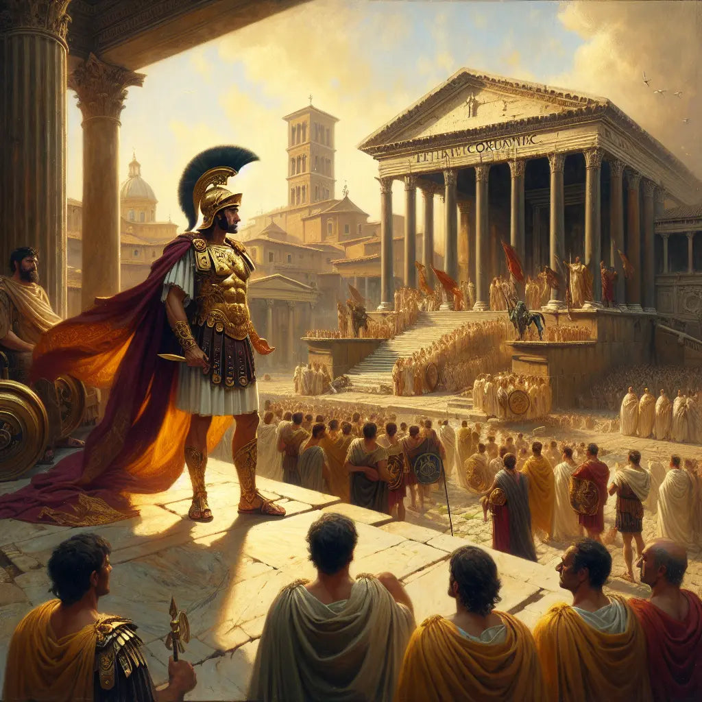 Roman general standing on the marble steps of the Curia in the Roman Forum, surrounded by senators and legionaries under warm daylight, painted in the style of 1960s historical epics.