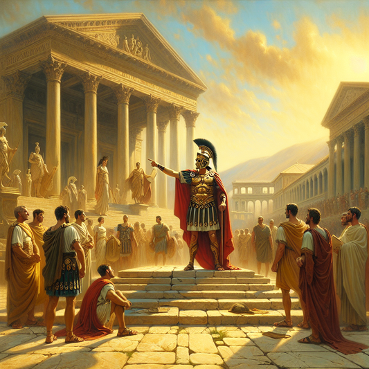 Roman general in lorica segmentata addressing attendees in a sunlit ancient Roman forum with Corinthian columns and statues, painted in the style of 1960s historical epics.