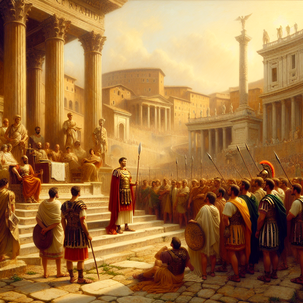 Roman general addressing legionaries and senators in the Roman Forum, surrounded by majestic classical architecture, painted in the style of 1960s historical epics.