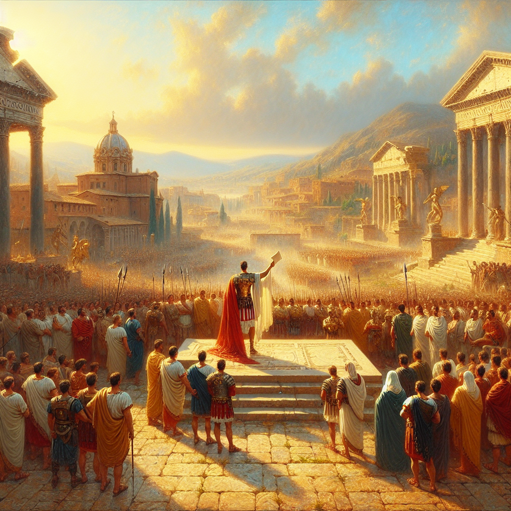 Roman general addressing citizens and senators in the Roman Forum, with marble temples and arches in the background, rendered in the style of 1960s historical epic films.