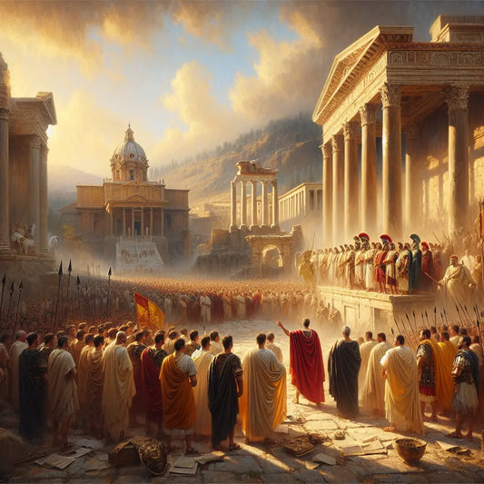 Cinematic painting of a Roman general addressing legionaries and senators in the Roman Forum, surrounded by classical architecture and bathed in warm daylight, in the style of 1960s historical epic films.