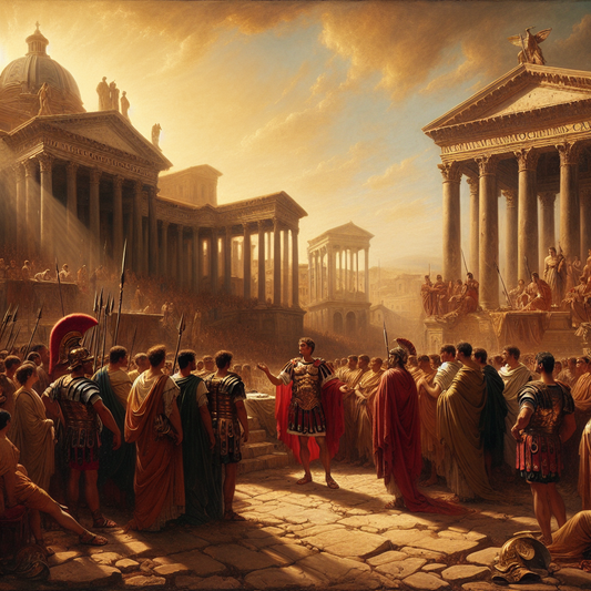 Roman general addressing soldiers and civilians at the Roman Forum in a warm daylight scene, depicted in the cinematic style of 1960s historical films.