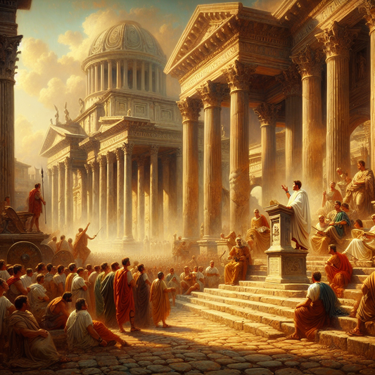 A Roman orator passionately addresses senators and citizens in the Roman Forum, surrounded by majestic marble temples and soldiers, styled as a 1960s historical epic painting.
