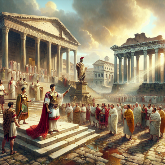 Roman general addressing senators in the Roman Forum during bright daylight, styled as a cinematic 1960s historical epic painting.