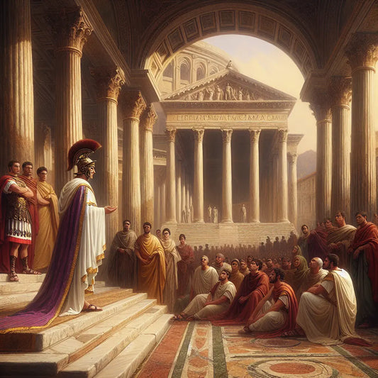 Roman senator addressing citizens and soldiers in the ancient Roman Forum, portrayed in a warm, cinematic 1960s historical epic painting style.