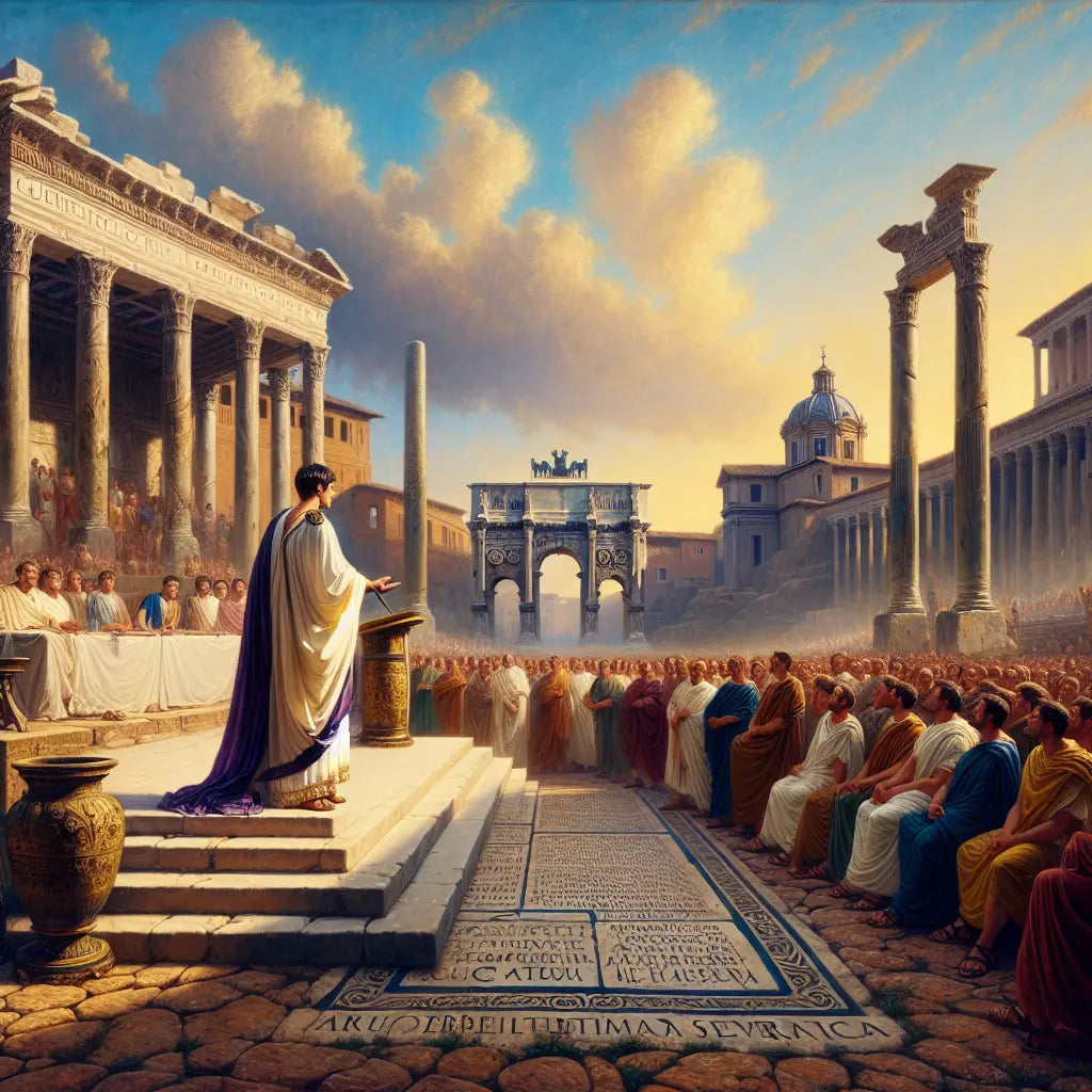 A Roman senator in a white toga addresses citizens and senators in the Roman Forum, framed by majestic marble columns and ancient temples under warm daylight, in a cinematic painting style of 1960s historical epics.