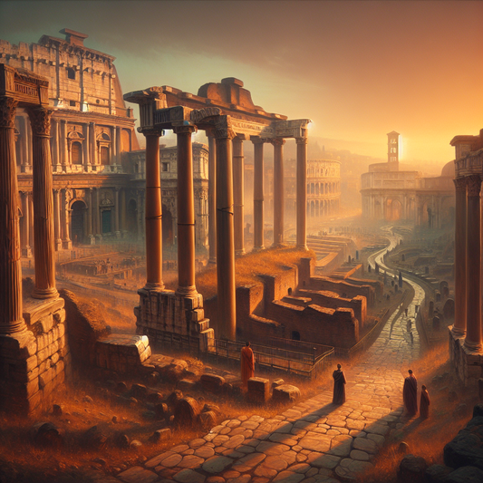 Panoramic view of the Roman Forum at sunset with golden light illuminating ancient ruins and the Colosseum in the background, in the style of classic 1960s historical epics.