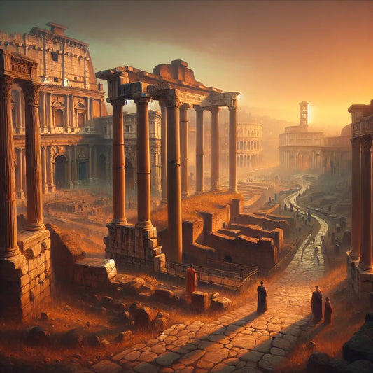 Panoramic view of the Roman Forum at sunset with golden light illuminating ancient ruins and the Colosseum in the background, in the style of classic 1960s historical epics.