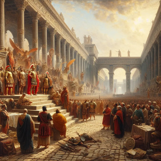 A Roman general stands heroically in the Forum, surrounded by senators and soldiers under a bright sky, painted in the style of 1960s historical epics.