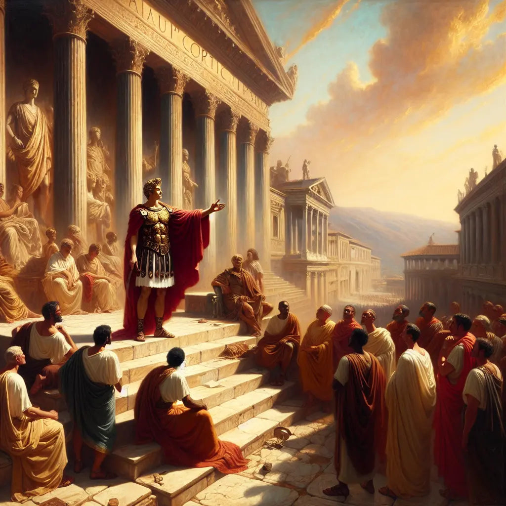 A heroic Roman general addressing senators in a marble forum bathed in warm golden daylight, styled like a 1960s historical epic painting.
