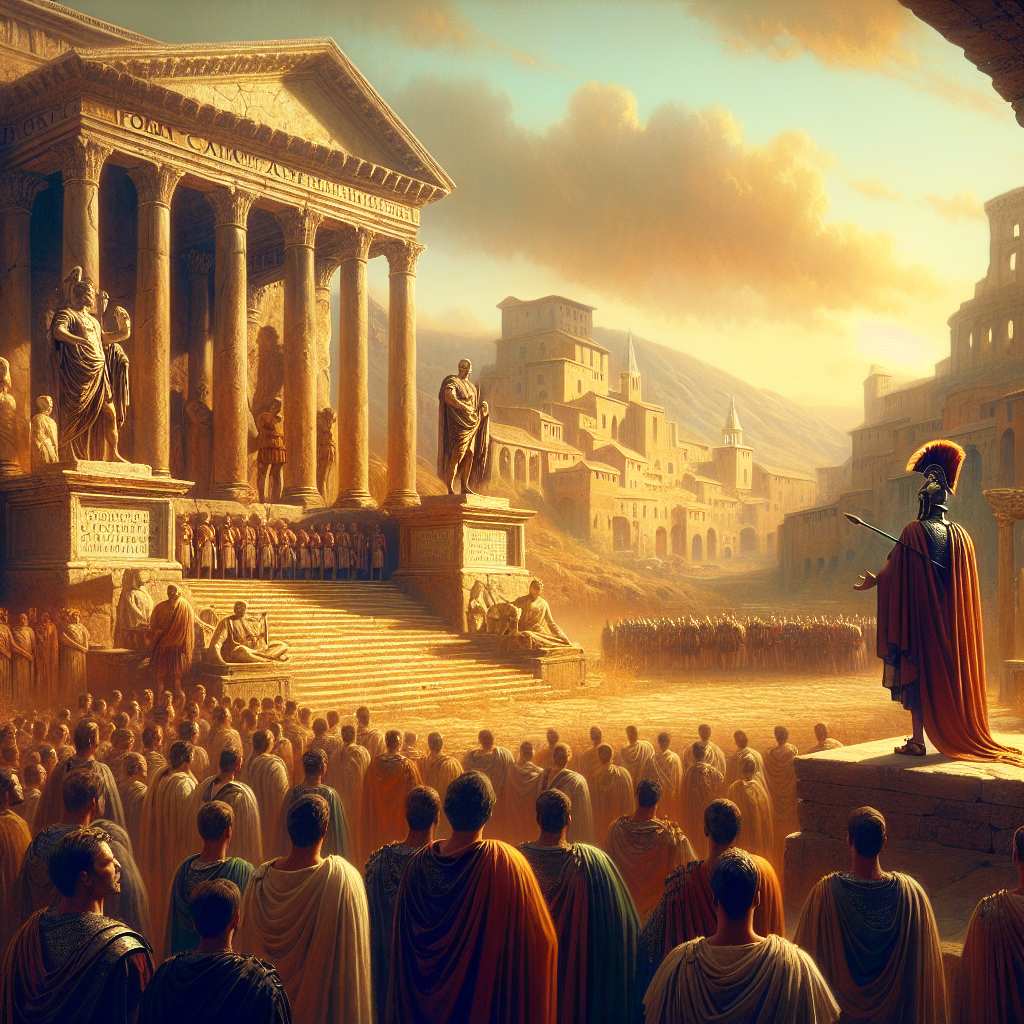 Heroic Roman general addressing soldiers and senators in the bustling Forum Romanum under warm daylight, styled as a 1960s cinematic historical painting.