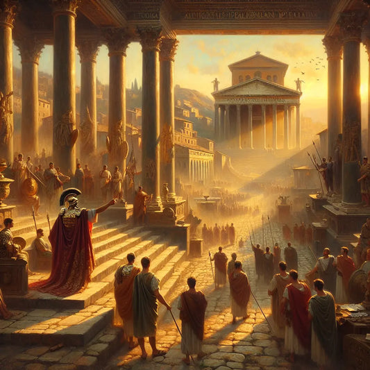 Roman general in red cloak commanding legionaries and senators in ancient Roman Forum with marble columns under warm golden sunlight, painted in 1960s historical epic style.
