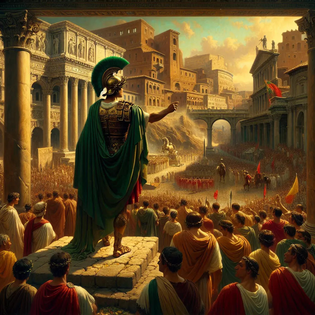 A Roman general wearing a green laurel wreath crown stands heroically overlooking the busy streets of Ancient Rome, surrounded by soldiers and citizens, rendered in a detailed 1960s historical epic painting style.