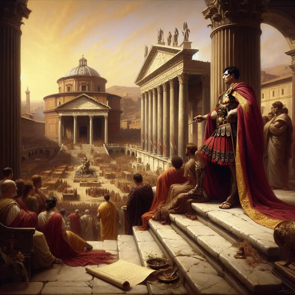 A Roman general in lorica segmentata stands on marble steps in the bustling Roman Forum, surrounded by legionaries and civilians, with classical columns and the Temple of Saturn in the background, depicted in the style of 1960s historical epics.