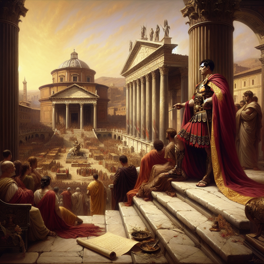 A Roman general in lorica segmentata stands on marble steps in the bustling Roman Forum, surrounded by legionaries and civilians, with classical columns and the Temple of Saturn in the background, depicted in the style of 1960s historical epics.