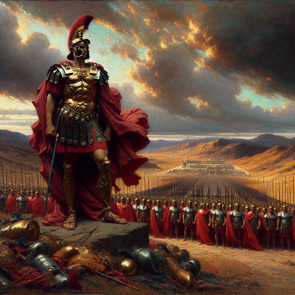 A stoic Roman general in lorica segmentata armor stands firmly before a disciplined legion of soldiers under a dramatic stormy sky, inspired by 1960s historical epic films.