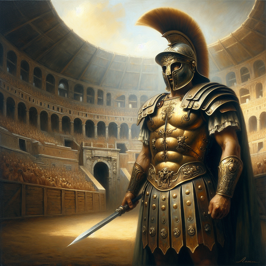 Roman gladiator in traditional armor holding a gladius sword standing heroically in the Colosseum arena, bathed in warm sunlight, in a realistic cinematic painting style.