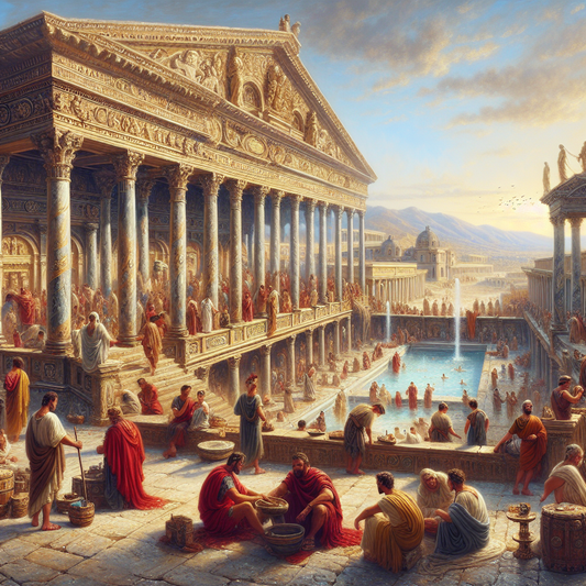 Ancient Roman bath house exterior with white marble columns and crowds of Romans in togas and armor socializing under a bright blue sky in a painterly 1960s historical epic style.