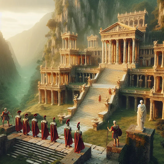 Panoramic view of a grand ancient Roman hilltop fortress surrounded by lush green hills under a bright blue sky, styled as a cinematic painting inspired by 1960s historical epics.