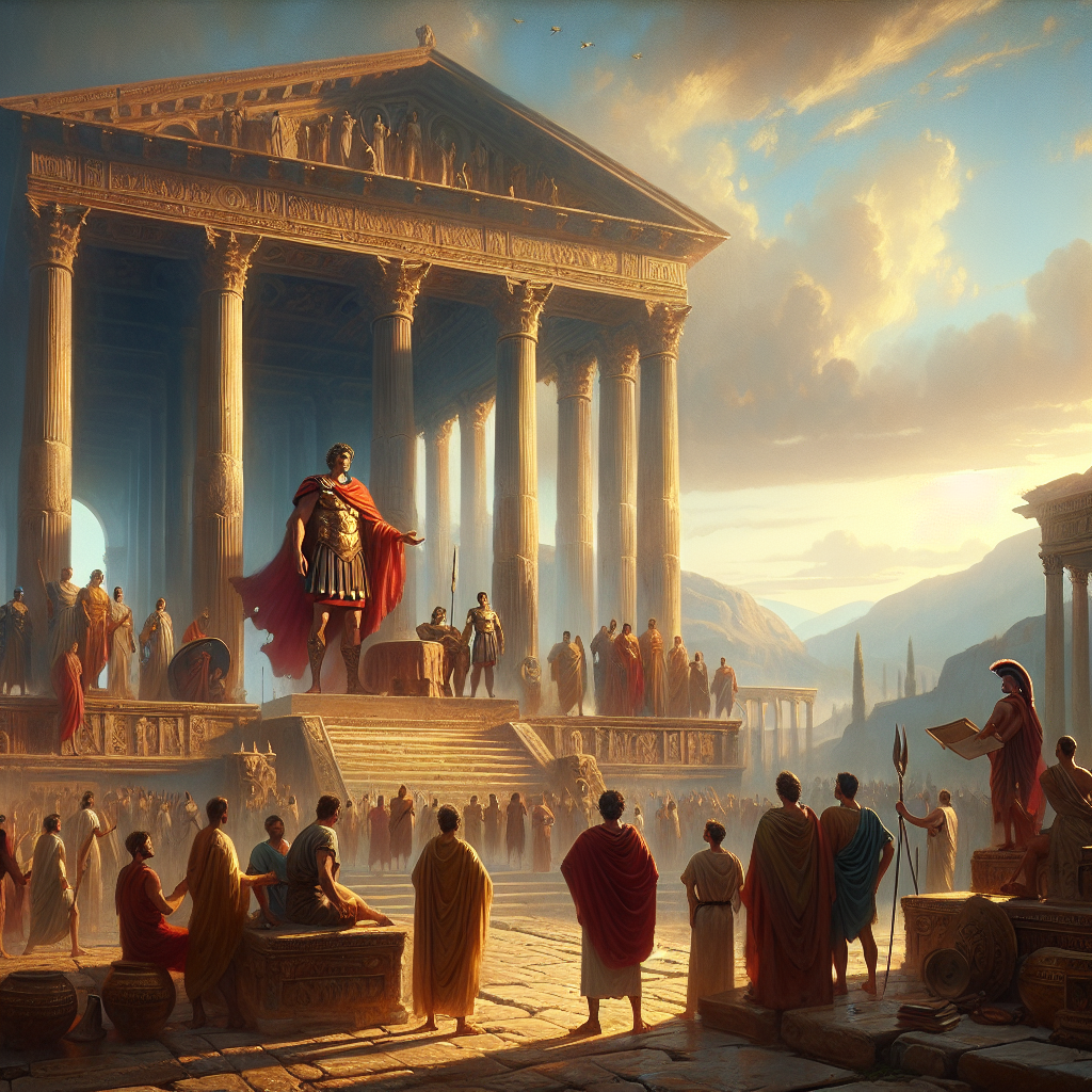 A cinematic Roman forum scene with a general in red cloak among legionaries and toga-clad citizens, characterized by monumental architecture and warm daylight in the style of 1960s historical epics.