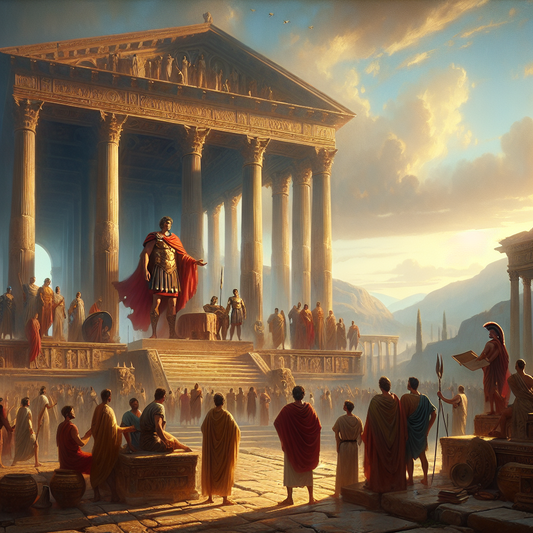 A cinematic Roman forum scene with a general in red cloak among legionaries and toga-clad citizens, characterized by monumental architecture and warm daylight in the style of 1960s historical epics.