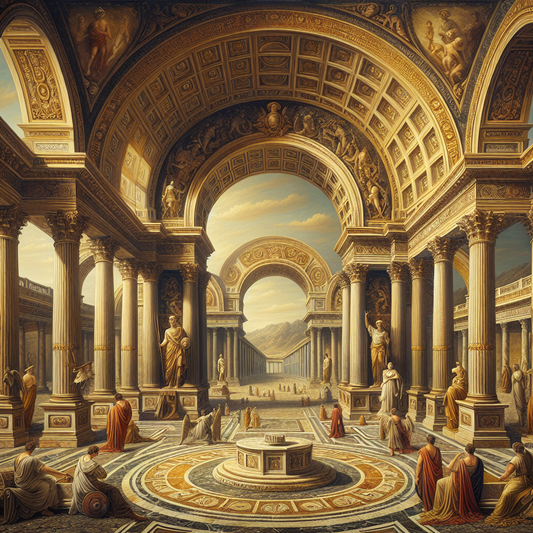 A majestic cinematic painting blending Roman imperial architecture with subtle fascist-era motifs and modern philosophical symbols, using rich gold, deep red, and stone gray tones in a warm, reflective composition.
