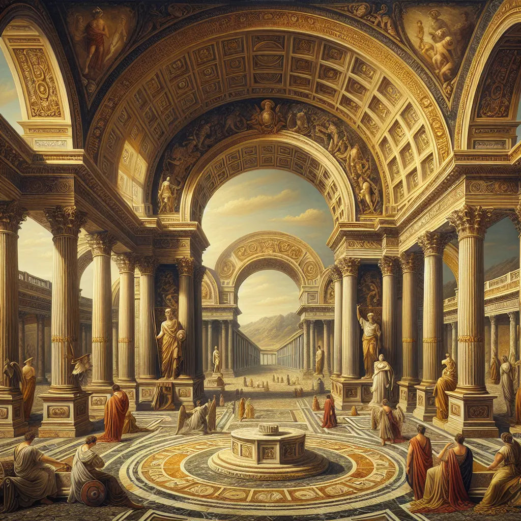 A majestic cinematic painting blending Roman imperial architecture with subtle fascist-era motifs and modern philosophical symbols, using rich gold, deep red, and stone gray tones in a warm, reflective composition.