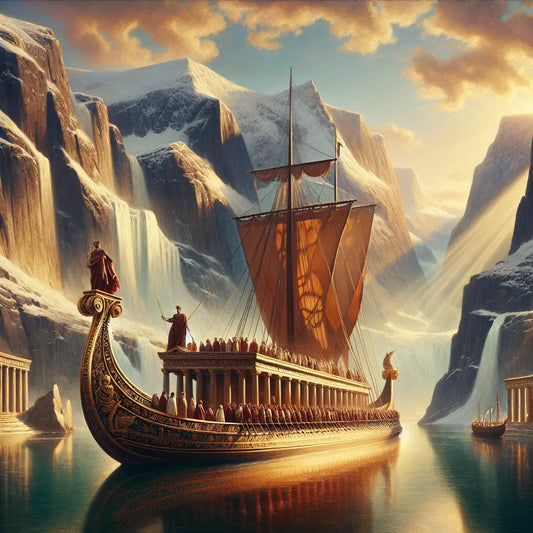 A majestic Roman-style ship sailing through serene fjord waters with snow-capped mountains under clear blue skies, portrayed in the style of a 1960s Roman historical epic painting.