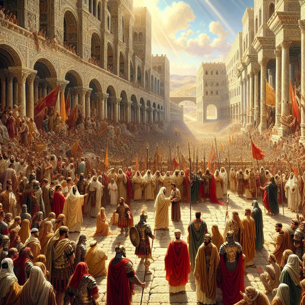 Ancient Roman cityscape in Judaea with soldiers patrolling and crowds gathering around a central figure representing Jesus, evoking political tension under Roman rule.