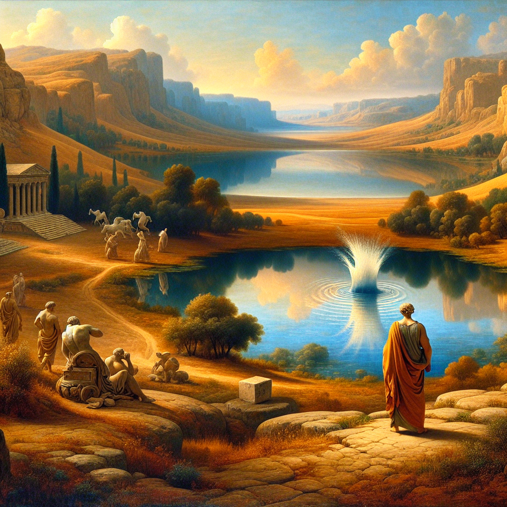 A calm ancient Roman lake reflecting the sky, suddenly disturbed by a dramatic water splash symbolizing anger breaking peace, with a lone philosopher observing the scene in warm natural light.