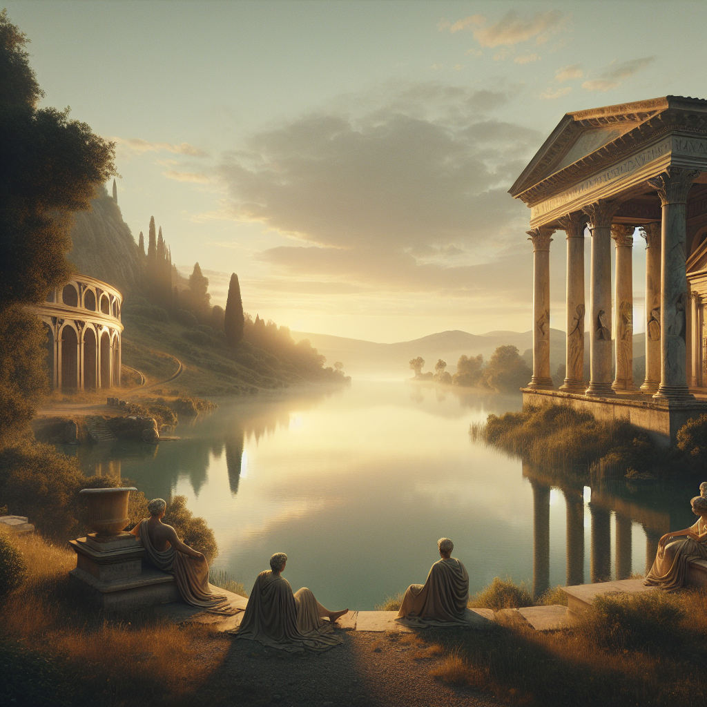 Serene calm lake at dawn surrounded by ancient Roman architecture blending with nature, evoking stoic peace and timeless wisdom in a 1960s historical epic painting style.