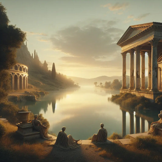 Serene calm lake at dawn surrounded by ancient Roman architecture blending with nature, evoking stoic peace and timeless wisdom in a 1960s historical epic painting style.