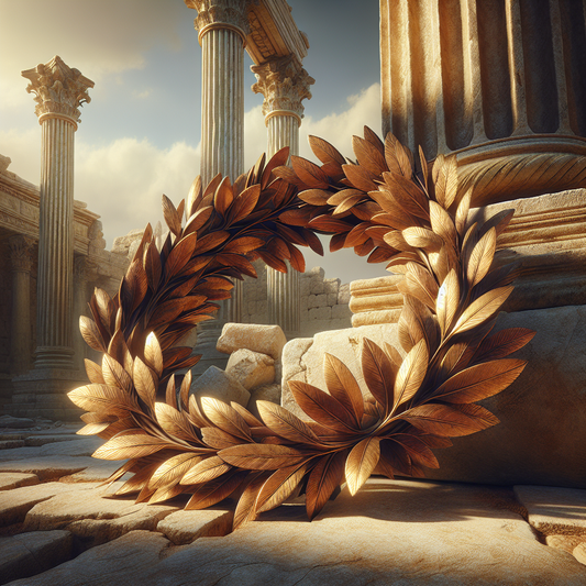 Close-up of a Roman laurel wreath crown resting on ancient marble ruins under soft golden sunlight, symbolizing victory in a serene historical setting.
