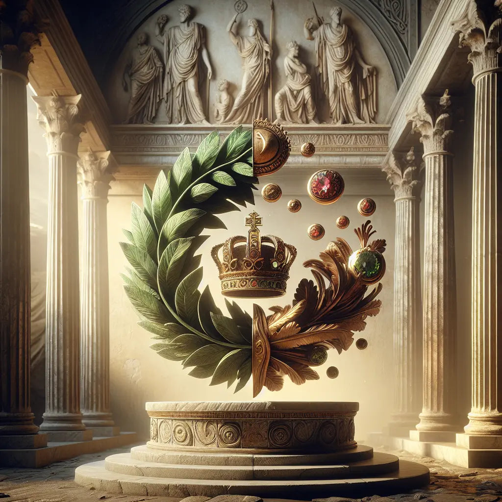 An ancient Roman laurel wreath gracefully transforming into a richly jeweled medieval crown, set against a classical Roman architectural backdrop, painted in a warm, cinematic style.