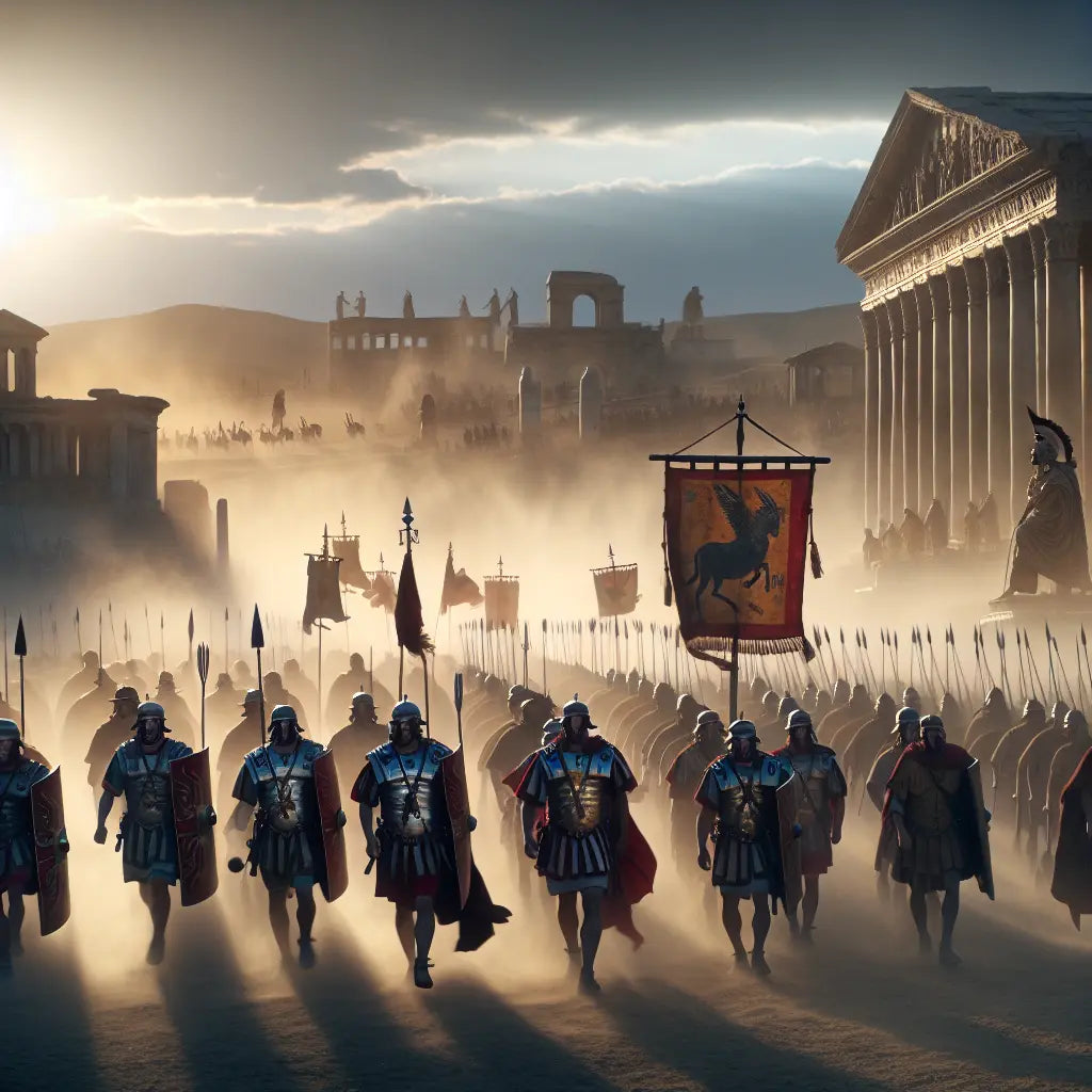 Roman legion of Legio III Gallica marching at dawn with banners bearing bull emblems, set against an ancient Roman cityscape, painted in a 1960s cinematic epic style.